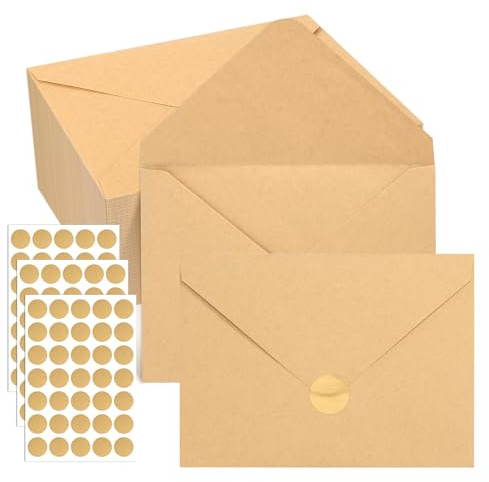 Briefumschläge Kraftpapier, 100 Stück 135x185 mm Kraftpapier Umschläge | mit 105 Gold Siegel Aufkleber, 120g/m² DIN B6 Hochzeit Kuvert für Grußkarten Einladung Geburtstagskarten Dankeskarten