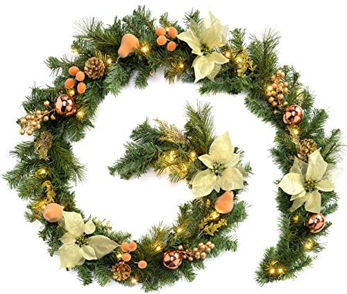 WeRChristmas Pre-Lit Decorated Garland Illuminated with 40 Warm White LED Lights, Copper/Gold, 9 feet