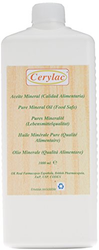 CERYLAC Reines Mineralöl für Holz - 1000 ml. Lebensmittelqualität. Mit Zulassung des britischen und spanischen Arzneibuchs, US-DAB-Zertifizierung, Zertifizierung nach Codex USB178.3620 (a)