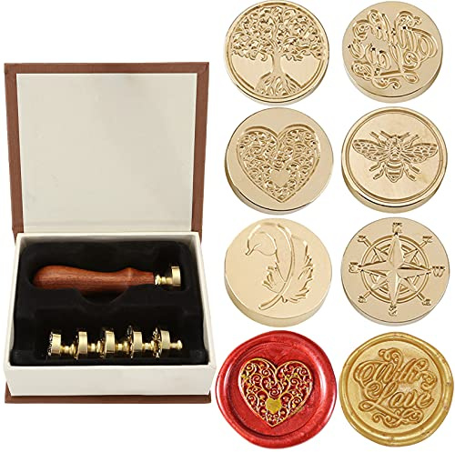 Yoption 6 Pcs Wax Seal Stamp Set, Tree of Life Bee Heart Feather Wax Stamp