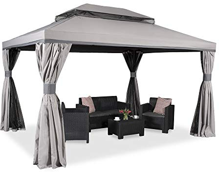 Garden Point Garten-Pavillon Valencia mit Moskitonetz | 300 x 400 cm | Rechteckig | Wasserabweisend | Ideal für Garten | Einfache Montage | Vorhänge im Set | Grau