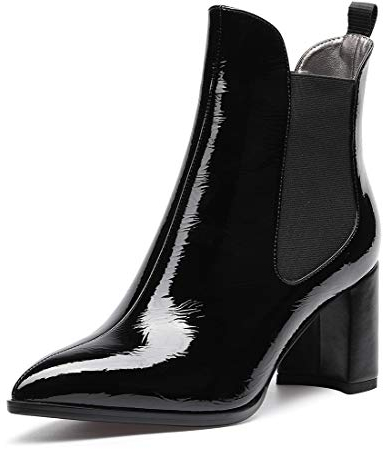Castamere Donna Polacchine Tacco a Blocco Stivali Chelsea 7.5CM Medio Tacco Pelle Verniciata Nero Scarpe EU 37