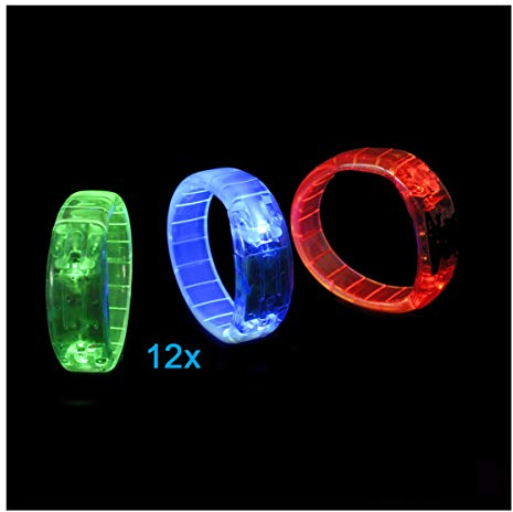BLINXS 12er Set LED Panzer Armbänder/Leuchtarmbänder im 3 Farb-Mix (rot, grün und blau leuchtend) - für Party, Disko oder Festival mit austauschbaren Batterien