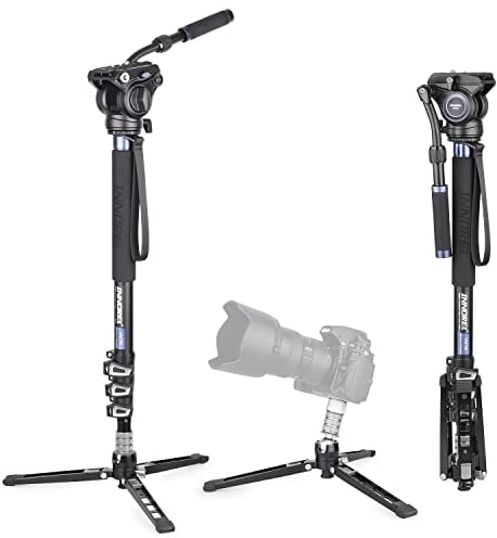Monopiede, INNOREL VM70K Monopiede Professionale in Alluminio Leggero Fotocamera Monopiede con Testa Fluida e Base per Treppiede a 3 Gambe per Videocamere DSLR Max Carico 6kg