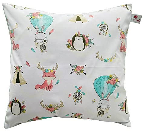 Kinder Kissenhülle Kissenbezug 40 X 40 cm Kissen Fahrzeuge Jungen 100% Baumwolle Zierkissenbezug Kinderkissen Spielkissen (Fuchs und Hase Mint)