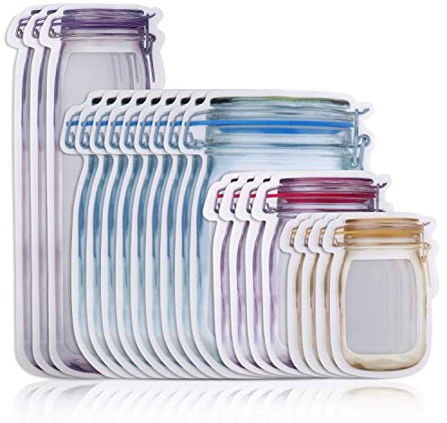 Mason Jar Bottles Bags 4 Size Reusable Leakproof Zipper Food Storage Saver Bags for Snack Sandwich Candy 20Pcs