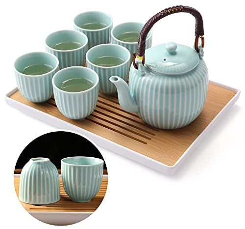 Dujust Japanisches Teeservice, Cyan-blaues Porzellan Teeservice mit 1 Teekanne, 6 Teetassen, 1 Tablett, 1 Brühe, Asiatisches Teeservice für Teeliebhaber Bambus Inspiration - Gerades Maserungsdesign