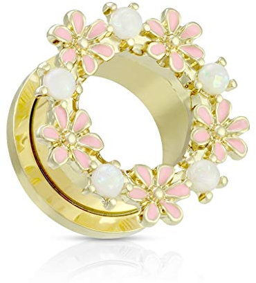 beyoutifulthings Ohr-Tunnel Opalit Enamel Blumen-Kranz Ohr-Piercing Ohr-Schmuck Plug 12-mm Screw Fit Flesh Schraub-Verschluss Gold Rosa Weiß