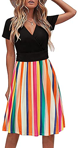 STYLEWORD Damen Sommerkleid Kurzarm V-Ausschnitt Kleider Blumenmuster Kleid Wickelkleid Mit Taschen