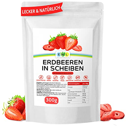 EWL Naturprodukte ERDBEEREN GEFRIERGETROCKNET 300g-leckere, schonend gefriergetrocknete Erdbeeren in Scheiben, frei von Zusatzstoffen -Deutsche Abfüllung- getrocknete Erdbeeren getrocknete Früchte