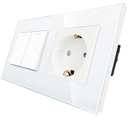 CNBINGO Schuko Steckdose mit Lichtschalter unterputz, Weiß Wandschalter mit Glasplatte, mit Leuchtstoffpunkten, 2-Fach, 1- poliger Ausschalter