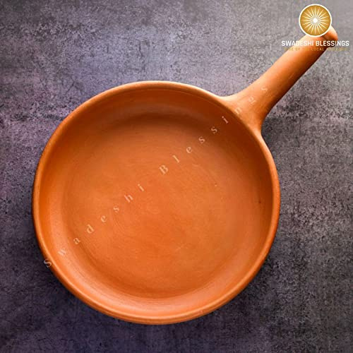 Swadeshi Blessings Sartén de arcilla sin esmaltar, wok de tierra, sartén de arcilla, 10 pulgadas, gama exclusiva Swadeshi Blessings, sartén de salsa de curry, plancha, sartén de araña