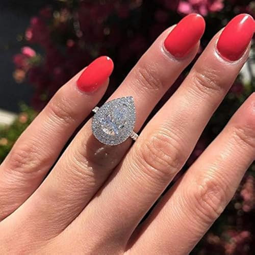 Sdouefos Verlobungsring für Damen, mit Weißgold überzogen, Tropfenform, Zirkonia, Birnenschliff, Zirkonia, Größe L 1/2
