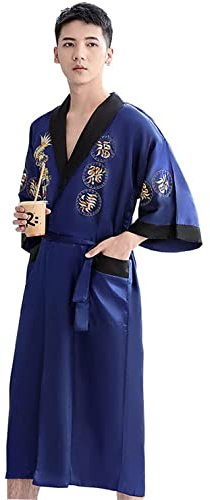 Bon amixyl Peignoir Unisexe Kimono Japonais Chinois Dragon Pyjama Cardigan Kimonos Robe de Chambre en Satin Peignoir Bleu XXL