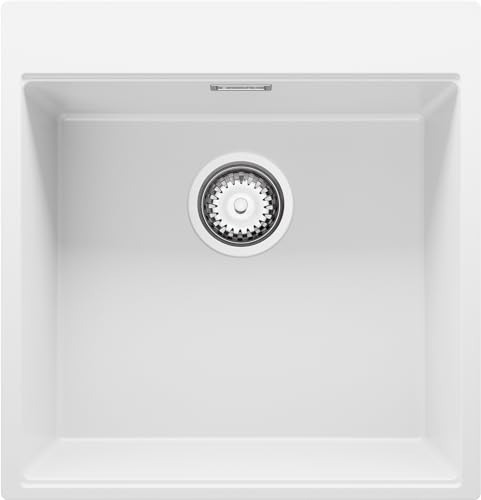 PRIMAGRAN Fregadero Cocina Blanco 48x50cm, Granito 1 Seno + Sifón + Enrollable Escurridor, Sobre encimera al mueble 50cm - Oslo