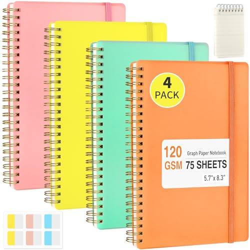 Smarpau 4 Pack Graph Paper Spiral Notebook, 5.7 x 8.3 A5 Grid Notebook, 120 GSM Thick Paper, 75 Sheets/150 Pages, Squared Journal Notebook for School and Work (Orange, Blue, Yellow, Pink)