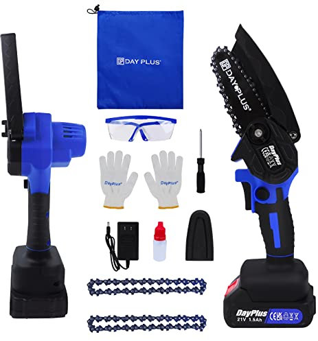 Brushless Mini Chainsaw, 4-Inch Cordless Electric Chain Saw with Rechargeable Battery and 2 Chains, Handheld Pruning Shears Saw for Tree Branch Wood Cutting, Blue