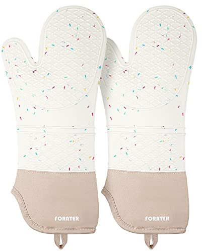 Extra Long Silicone Oven Mitts - Heat Resistant up to 500°F, 15'' Waterproof and Non-Slip Oven Gloves with Soft Quilted Liner - Perfect for BBQ, Cooking, Baking, and Grilling - 1 Pair, White