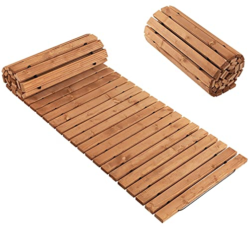 GIANTEX 245 cm Rollweg Holzweg Gartenweg, Ausrollbarer Gartenrollwege aus Tannenholz & Stahldraht, Garten Holz Weg, rustikaler dekorativer Holzsteg im Freien für Garten, Strandhochzeit (Breite 55cm)