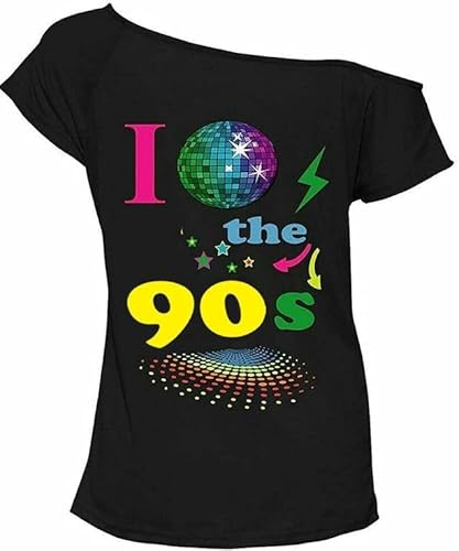 Zeetaq Damen T-Shirt I Love The 80er Jahre Neon Festival Damen Outfit Größe 36-54, I Love 90s Globus, Schwarz, X-Large