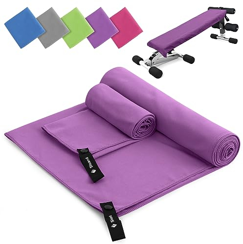 Mikrofaser Handtuch 2er Set | 180x60cm Groß Badetuch + 80x40cm Klein Hand Gesichtshandtuch | Schnelltrocknend Mikrofaser Handtücher, Sporthandtuch Fitnessstudio für Fitness Strand Gym (Lila)