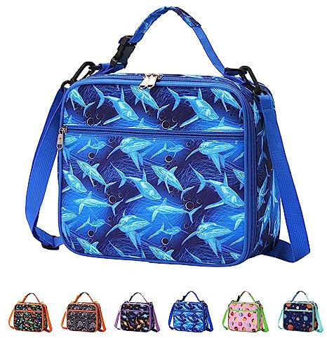 Pretty Jolly Mini Kids Lunch Box, Insulated Reusable Lunch Bag for Girls & Boys, Thermal Meal Container Tote with Shoulder Strap, Hot or Cold Snacks Lunchbox for School,Work,Picnic (Shark-B)