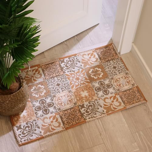 AMIDA Moroccan Style Small Door Mats Indoor, 50x80cm Brown Beige Vintage Inside Door Mats Low Pile Anti Slip Floor Mat Machine Washable for Entrance Kitchen Toilet Inside