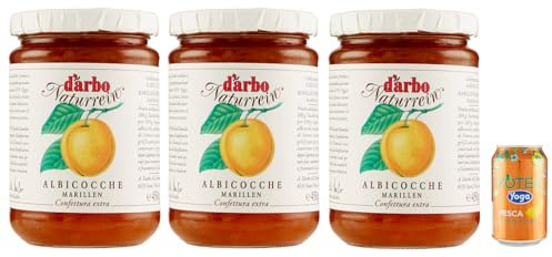 3er-Pack Darbo Marmelade Confettura Naturrein Albicocche,Aprikosenkonfitüre,450g Glas + 1er-Pack Kostenlos Yoga Eistee Pfirsich 330ml Dose