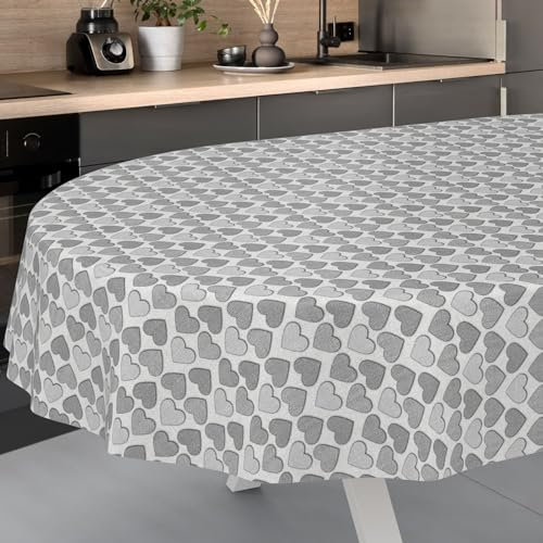 ANRO Oilcloth Tablecloth, Washable, Oilcloth, Garden Tablecloth, Outdoor, Indoor, Oval, 220 x 140 cm, Cut Edge, Heart, Grey