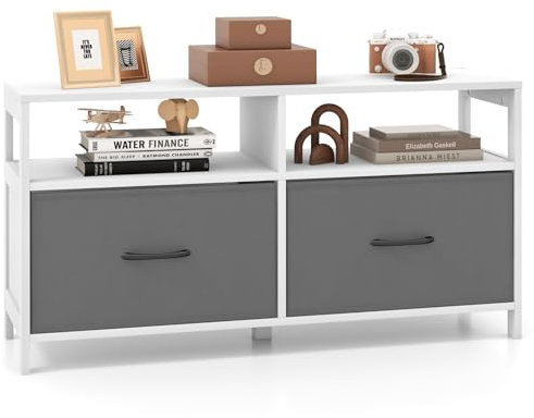 COSTWAY Commode Rangement 2 Tiroirs, Meuble TV avec 2 Grands Compartiments, Table TV pour 45 au Max, Tiroirs en Tissu Pliables, Commode Blanche pour Chambre, Salon, 100 x 30 x 53 cm