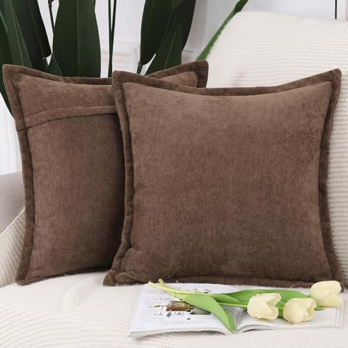 Madizz 2er Set Fransen Chenille Schlicht Zierkissenbezüge Modern Kissenbezug Kissenhülle Sofakissen Lendenkissen für Sofa Schlafzimmer Braun 50x50 cm
