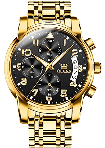 OLEVS Watches for Men Großes Gesicht Chronograph Edelstahl Uhren Herren Gold Analoger Quarz Armbanduhr Herren Mit Datum Arabische Ziffern Luxus Schwarz Wasserdicht Leuchtend Herrenuhr