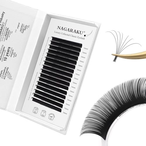 NAGARAKU Pestañas Individuales Clásico 1:1 Pestañas Postizas Pelo a Pelo Colección Lujo De 3.ªGeneración Volumen Natural Hechas Suaves Professional Single Eyelash Negro Mate 16 Filas(0.07mm D 10mm)
