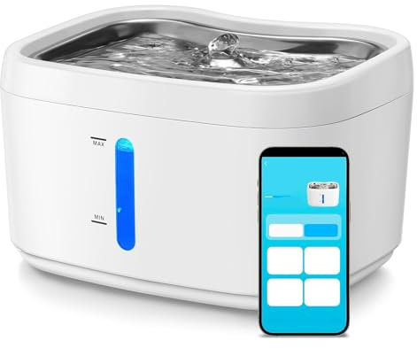 Katzenwasserbrunnen, 2,5 l intelligenter Katzenwasserspender mit App-Steuerung, kabelloser automatischer Katzenbrunnen mit Edelstahlschale, Trinkbrunnen für Haustiere