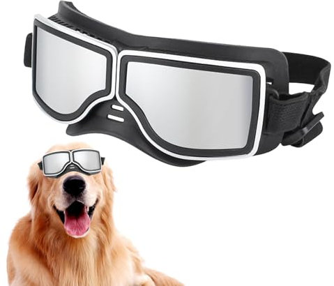Hundebrille – Winddichte Haustierbrille mit bequemem Rahmen | Hundesonnenbrille mit verstellbaren Trägern | UV-Schutz Hundebrille zum Wandern, Motorrad und Autofahren (schwarz)