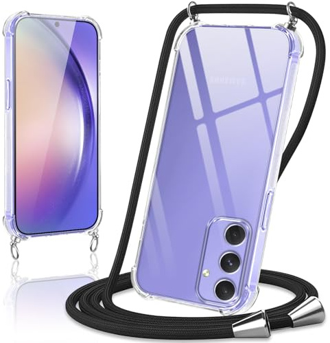 Coiwxmoi Handyband Handyhülle für Samsung Galaxy A54 5G Hülle mit Band 6,6,Transparent Case mit Kette Abnehmbar zum Umhängen Kordel Schutzhülle,Weich Silikon TPU Stoßfest Cover,Schwarz