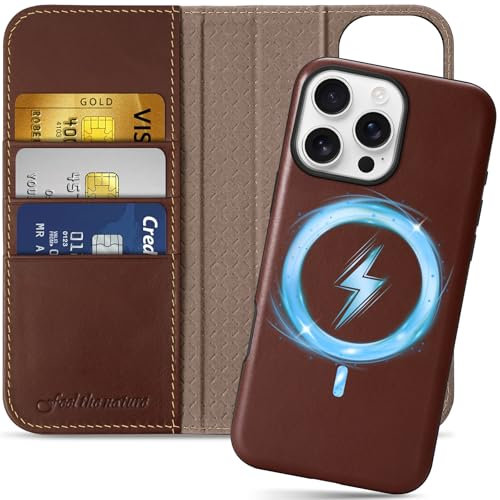 SHIELDON Case for iPhone 16 Pro Max, Genuine Leather Detachable Wallet Magnetic Wireless Charging [Card Holder][RFID Blocking] Protective Foldable Cover Compatible with iPhone 16 Pro Max- Retro Coffee