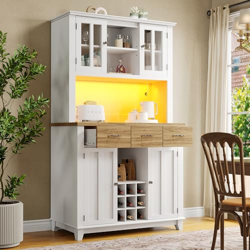 Ymkua Küchenschrank, Buffetschrank mit LED-Beleuchtung, Hochschrank Küchenbuffet mit 4 Türen und 3 Schubladen, Sideboard mit Lagerregal, Standschrank mit Verstellbaren Ablagen, 106x40x179.5cm (Natür)