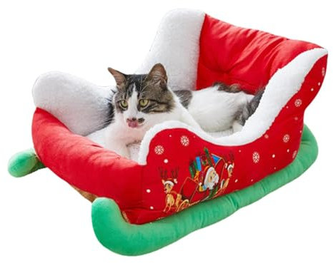 Rotes Weihnachtliches Katzen- Und Hundebett, Haustierbett Im Schlitten-Design, Süße Haustiercouch, Weihnachtliches Katzenbett Mit Niedlichem Schlitten-Design, Weich Und Bequem Für Kätzchen, Welpen,