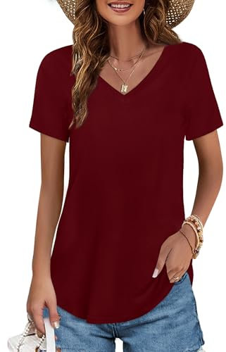 Elesomo T Shirts für Damen Baumwoll Oberteile Lang Tshirts Sommer V Ausschnitt Longshirt Kurzarm T-Shirt, Weinrot XL