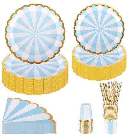 PHUNAT Party Plates Cups and Napkins Set, Includes 7 inch/18cm & 9 inch/23cm Blue Paper Plates, Serving for 25 Guests, Perfect for Parties Events and Celebrations
