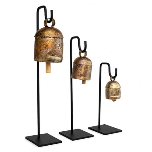 Handgefertigte Glocken zum Aufhängen mit Messing-Finish, mit Juteseil, Shabby-Chic-Stil, dekorative Weihnachtsglocken (Kupfer-Glocke auf Ständer, 20,3 cm, 25,4 cm, 30,5 cm)