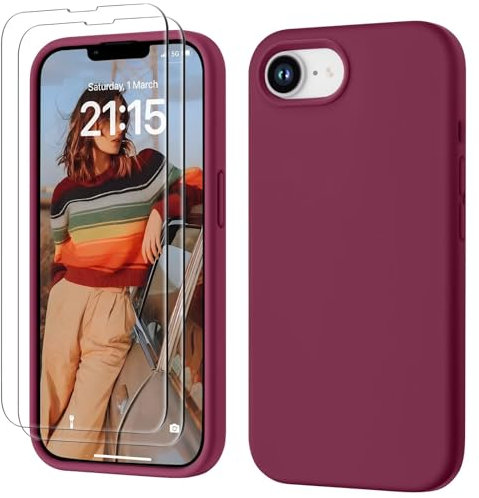 GOODVISH 3 in 1 für iPhone 16e Hülle mit 2 Stück Schutzfolie, Liquid Silikon Handyhülle Soft Mikrofaserfutter Kratzfest Stoßfeste Schutzhülle Case für iPhone 16e 6.1 Zoll, Weinrot