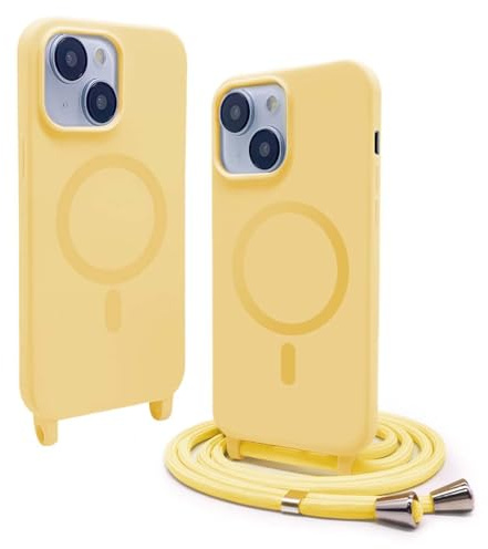 BGHHEU Silicone Coque Magnétique pour iPhone 13 Mini avec Cordon,Compatible avec MagSafe,Étui Housse Silicone avec Portable Lanyard Réglable, Jaune