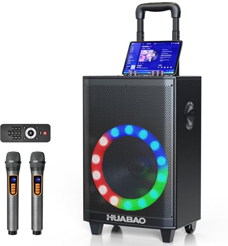 Large Bluetooth Karaoke Speaker with 2 Wireless Microphones, 11 Speaker System with 8800mAh Battery, Trolley PA System with Lights, Remote, FM/AUX/USB/TF, Bass & Treble Adjust, Ideal for Outdoor Party