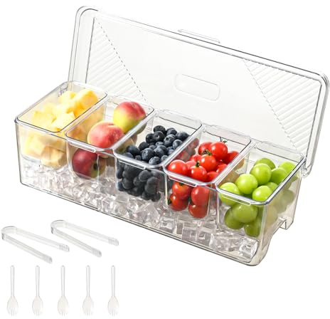 Uni HIMO Large Chilled Condiment Caddy,Stackable Chilled Condiment Containers Server with Lids for 5 Removable Compartments (5 Containers, 1 pack)