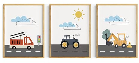 Generisch Kinderzimmer Bilder Junge, Poster Traktor, Bagger und Polizeiwagen, Fahrzeuge Kinderzimmerdeko, Jungenzimmer Wanddeko, als 3er Bilder Set ohne Rahmen (30x40 cm)