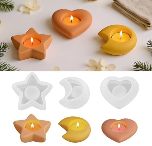 Silikonformen Gießformen Weihnachten, Silikonform Weihnachten Teelichthalter, Gießformen Silikon Weihnachten, 3er Set Stern Mond Herz Silikonform Kerzenhalter für DIY Weihnachtsdeko Teelichthalter (F)