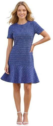 Roman Originals Textured Frill Hem Stretch Dress for Women UK - Ladies Everyday Autumn Winter Round Neckline Comfy Soft Evening Vacation Work Party Night Out - Blue - Size 14