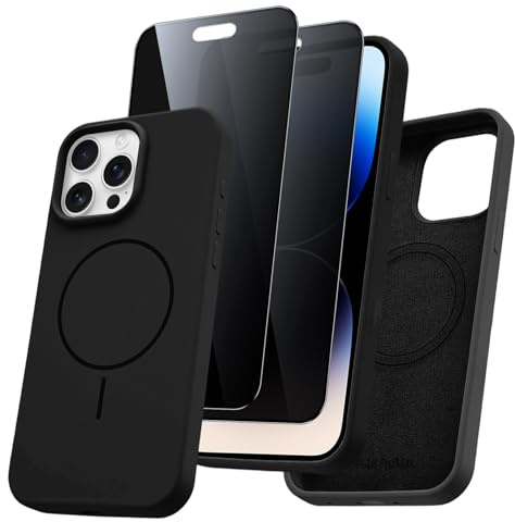 Pnakqil Coque pour iPhone 14 Pro/iPhone 13 Pro Compatible avec MagSafe, Magnétique Silicone Liquide avec 2 Pièces Verre Trempé Anti-Espion, Anti-Jaune Étui de Protection Antichoc Housse,Noir